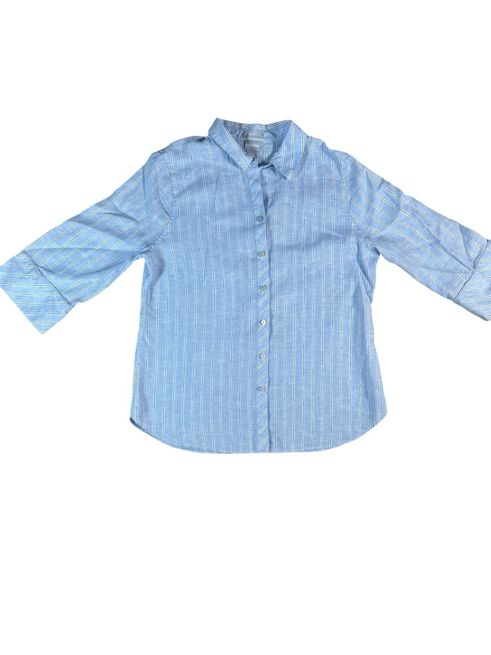 Chico’s No-Iron Button Down Shirt Blue, White & Navy Stripes Chico’s Size 1